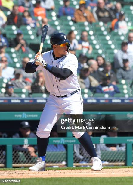 Miguel Cabrera of the Detroit Tigers bats during game one of a doubleheader against the Kansas City Royals at Comerica Park on April 20, 2018 in...