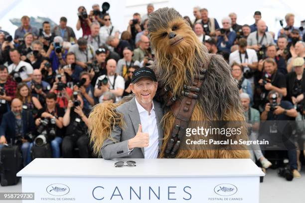 Director Ron Howard and Chewbacca attend the photocall for "Solo: A Star Wars Story" during the 71st annual Cannes Film Festival at Palais des...