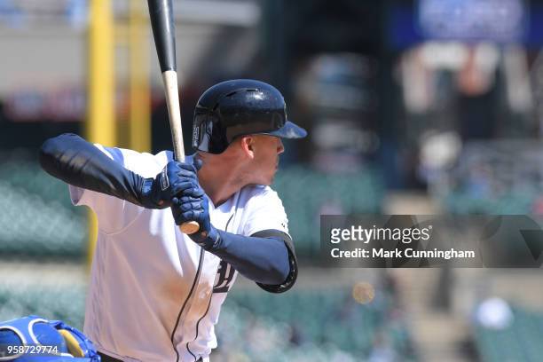 JaCoby Jones of the Detroit Tigers bats during game one of a doubleheader against the Kansas City Royals at Comerica Park on April 20, 2018 in...
