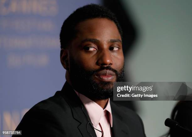 John David Washington speaks at the press conference for "BlacKkKlansman" during the 71st annual Cannes Film Festival at Palais des Festivals on May...