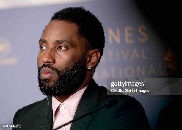 John David Washington speaks at the press conference for "BlacKkKlansman" during the 71st annual Cannes Film Festival at Palais des Festivals on May...