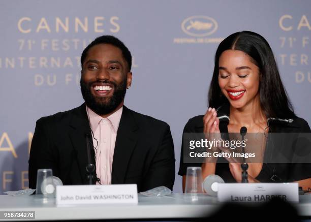 John David Washington and Laura Harrier speak at the press conference for "BlacKkKlansman" during the 71st annual Cannes Film Festival at Palais des...