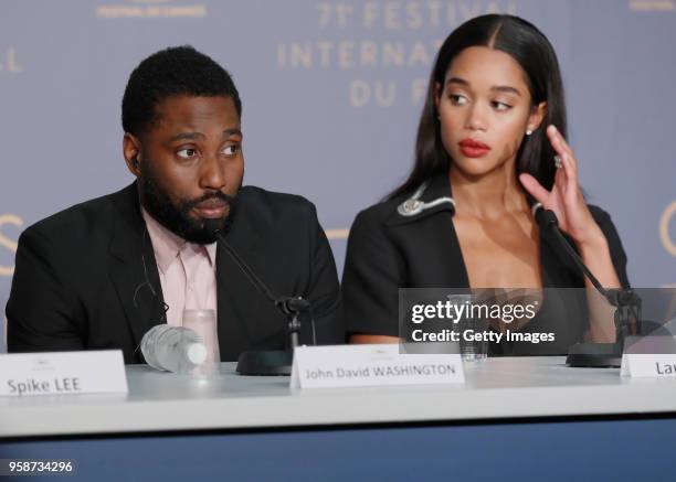 John David Washington and Laura Harrier speak at the press conference for "BlacKkKlansman" during the 71st annual Cannes Film Festival at Palais des...