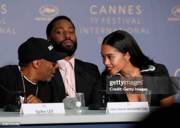 Spike Lee, John David Washington and Laura Harrier speak at the press conference for "BlacKkKlansman" during the 71st annual Cannes Film Festival at...