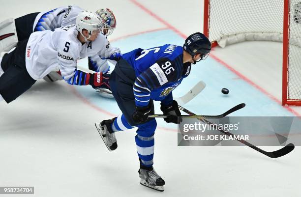 Finland's Mikko Rantanen scores past Keith Kinkaid and Connor Murphy of the United States during the group B match Finland vs the United States of...