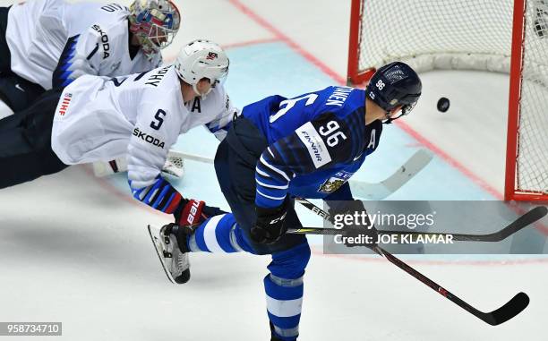 Finland's Mikko Rantanen scores past Keith Kinkaid and Connor Murphy of the United States during the group B match Finland vs the United States of...
