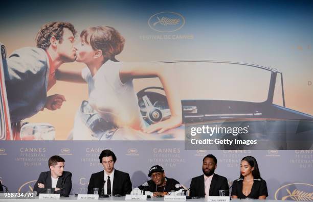 Topher Grace, Adam Driver, Spike Lee, John David Washington and Laura Harrier speak at the press conference for "BlacKkKlansman" during the 71st...