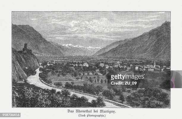 rhone valley near martigny, valais, switzerland, wood engraving, published 1897 - rhone valley stock illustrations
