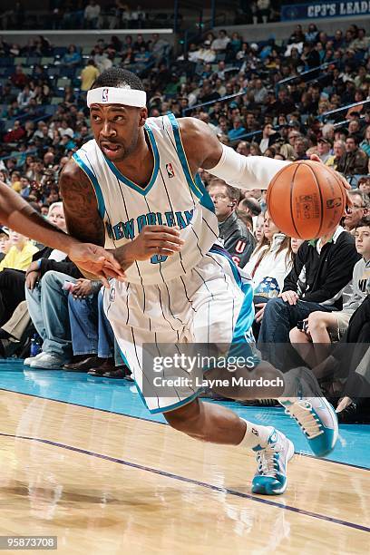 Bobby Brown of the New Orleans Hornets drives against the Los Angeles Clippers during the game on January 13, 2010 at the New Orleans Arena in New...