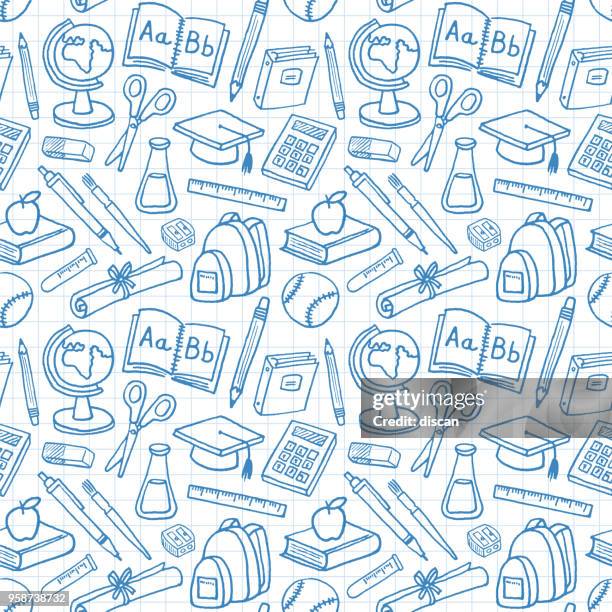 ilustraciones, imágenes clip art, dibujos animados e iconos de stock de escuela educación graduación de patrones sin fisuras - school supplies