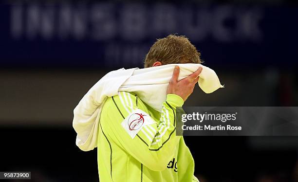 Johannes Bitter, goalkeeper of Germany reacts during the Men's Handball European Championship Group C match between Germany and Poland at the Olympia...