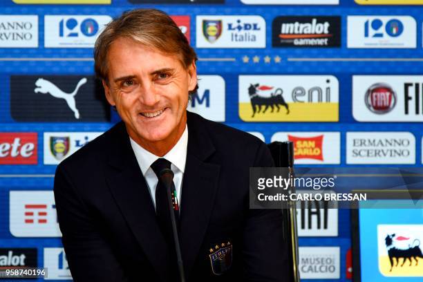 Italy's national football team newly appointed head coach, Roberto Mancini gives a press conference on May 15, 2018 at the national team's training...