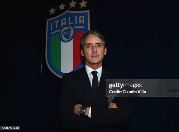 Head coach Italy Roberto Mancini poses for a photo after the press conference at Centro Tecnico Federale di Coverciano on May 15, 2018 in Florence,...