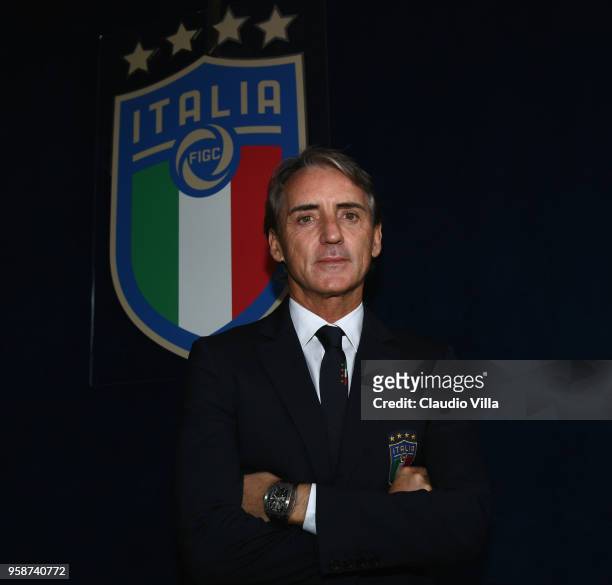 Head coach Italy Roberto Mancini poses for a photo after the press conference at Centro Tecnico Federale di Coverciano on May 15, 2018 in Florence,...