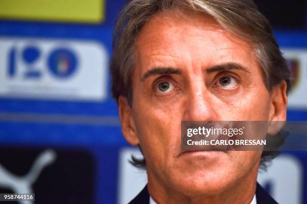 Italy's national football team newly appointed head coach, Roberto Mancini gives a press conference on May 15, 2018 at the national team's training...