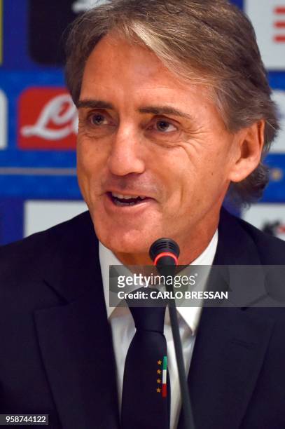 Italy's national football team newly appointed head coach, Roberto Mancini gives a press conference on May 15, 2018 at the national team's training...