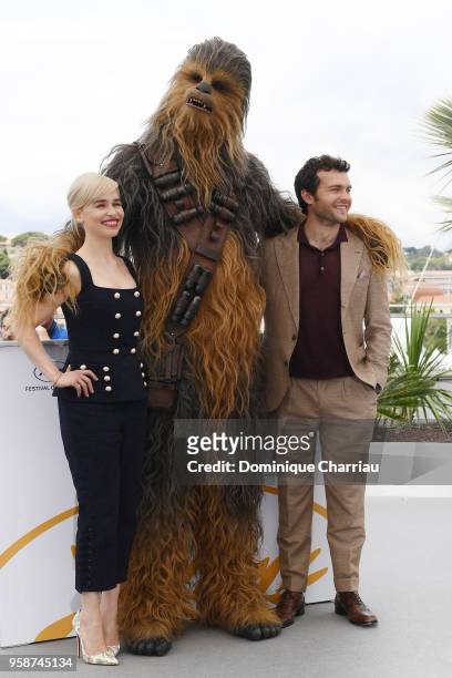 Emilia Clarke, Chewbacca and Alden Ehrenreich attend the photocall for "Solo: A Star Wars Story" during the 71st annual Cannes Film Festival at...