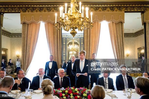 Dutch King Willem-Alexander makes a speech, as the President of Germany Frank-Walter Steinmeier listens on, during a luncheon at the Palace...