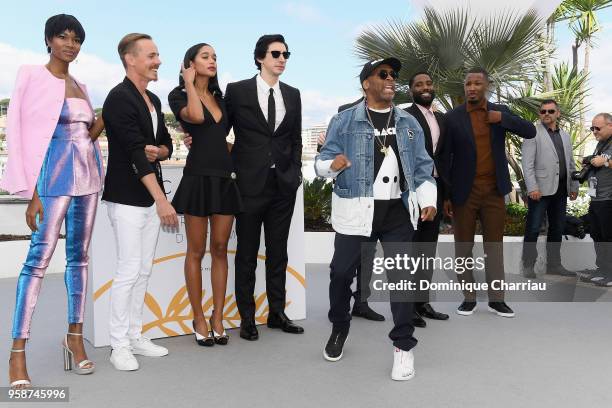 Damaris Lewis, Jasper Paakkonen, Topher Grace, Laura Harrier, Adam Drive, Spike Lee, John David Washington and Corey Hawkins attend the photocall for...