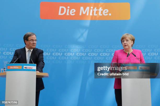Vorsitzenden der CDU Nordrhein-Westfalen, Armin Laschet, Bundeskanzlerin Dr. Angela Merkel, Deutschland, Berlin, Pressekonferenz mit der Vorsitzenden...