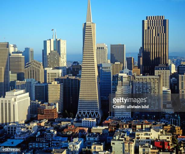 Blick vom Telegraph Hill, dem legendaeren Signalhuegel, auf die Hochhaeuser im Stadtzentrum von San Francisco, der viertgroessten Stadt Kaliforniens,...