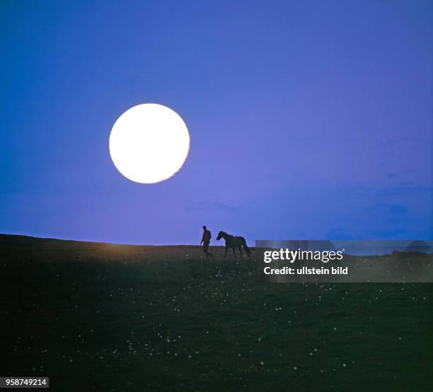 Mann mit Pferd wandert nachts bei Vollmond ueber einen Hoehenruecken