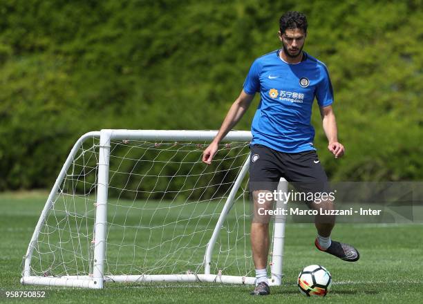 Andrea Ranocchia of FC Internazionale in action during the FC Internazionale training session at the club's training ground Suning Training Center in...