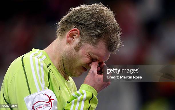 Johannes Bitter, goalkeeper of Germany reacts during the Men's Handball European Championship Group C match between Germany and Poland at the Olympia...