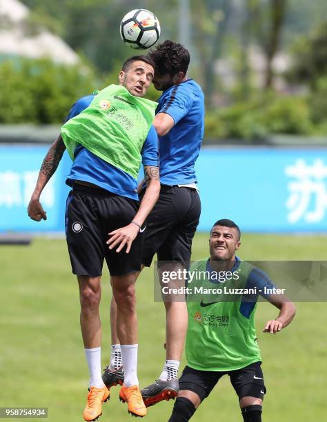 Matias Vecino competes with Andrea Ranocchia during the FC Internazionale training session at the club's training ground Suning Training Center in...