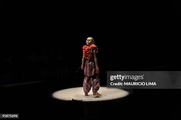 Model presents a creation by designer Ronaldo Fraga as part of the 2010-2011 Fall-Winter collections of the Sao Paulo Fashion Week, in Sao Paulo,...