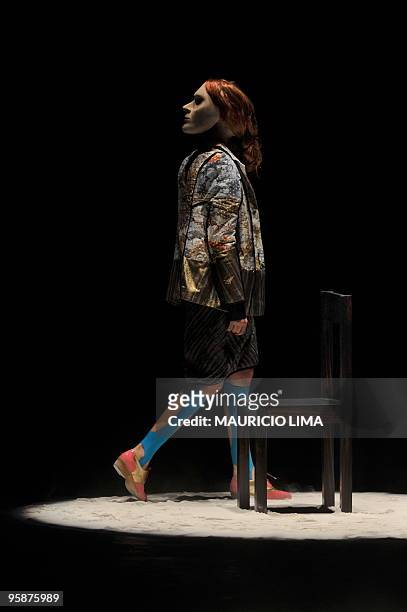 Model presents a creation by designer Ronaldo Fraga as part of the 2010-2011 Fall-Winter collections of the Sao Paulo Fashion Week, in Sao Paulo,...