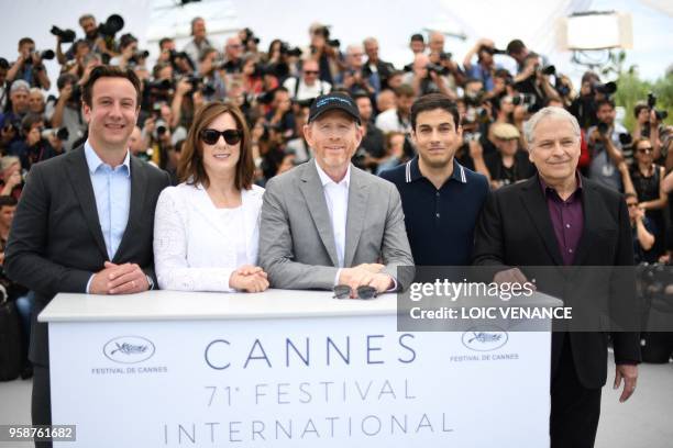 Producer Simon Emanuel, US producer Kathleen Kennedy, US director Ron Howard, US writer Jon Kasdan and US writer Lawrence Kasdan pose on May 15, 2018...