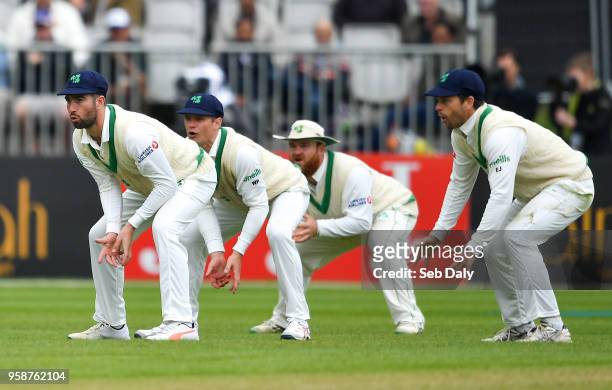 Dublin , Ireland - 15 May 2018; Ireland players, from left, Andrew Balbirnie, William Porterfield, Paul Stirling and Ed Joyce during day five of the...
