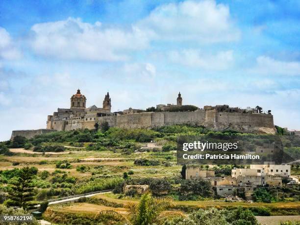 the fortified city of mdina stands on the top of a hill - malta stock-fotos und bilder