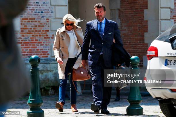 Alice Bertheaume , partner of late French writer Gonzague Saint Bris, arrives with her lawyer at the courthouse in Lisieux, northwestern France, on...