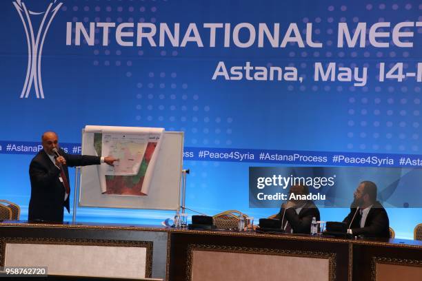 Opposition spokesman Eymen al Asimi makes a speech during the International Meeting on Syria following the 9th round of Astana talks on Syria, in...