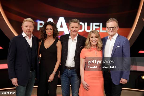 Anne Gesthuysen und ihr Ehemann Frank Plasberg fordern in dem Quiz "Paarduell" das Herausforderer-Paar Lilly und Boris Becker zum Wissensduell. Jörg...