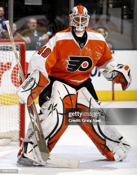 Michael Leighton of the Toronto Maple Leafs defends the goal during game action against the Philadelphia Flyers January 14, 2010 at the Air Canada...