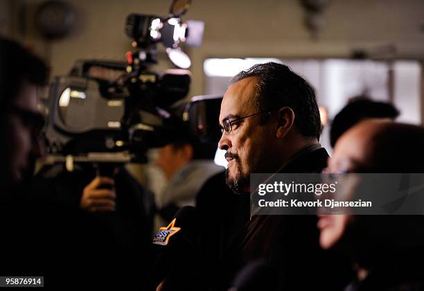 Actor David Zayas conducts interview after casting of "The Actor" statuette at the American Fine Arts Foundry on January 19, 2010 in Burbank,...