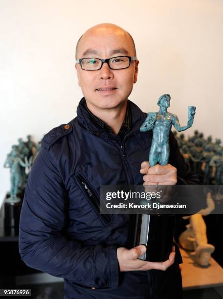 Actor C.S. Lee holds "The Actor" statuette at the American Fine Arts Foundry on January 19, 2010 in Burbank, California. Lee's is a cast memebr of...