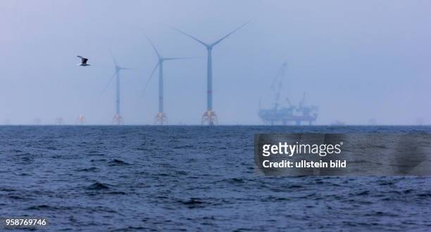 Das Einrichterschiff "MPI Adventure" montiert Windkraftanlagen im Offshore-Windpark Wikinger im Seegebiet Adlergrund auf der Ostsee noerdlich...