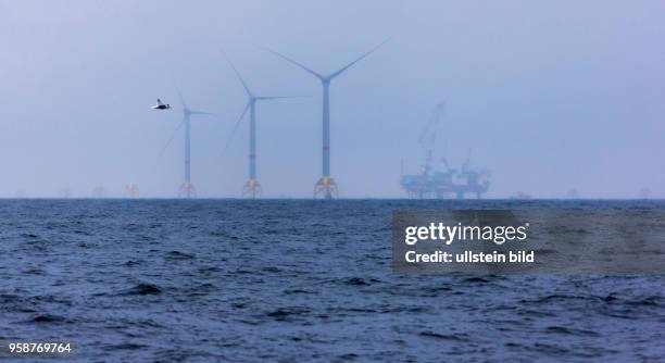 Das Einrichterschiff "MPI Adventure" montiert Windkraftanlagen im Offshore-Windpark Wikinger im Seegebiet Adlergrund auf der Ostsee noerdlich...