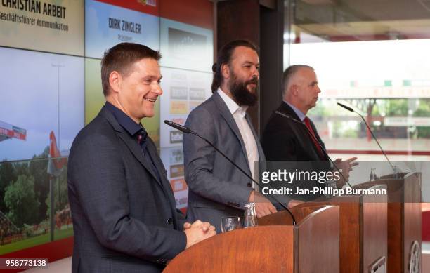 Oliver Ruhnert, spokesman Christian Arbeit and president Dirk Zingler of 1 FC Union Berlin during the press conference at Stadion an der alten...