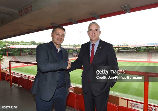 Oliver Ruhnert and president Dirk Zingler of 1 FC Union Berlin during the press conference at Stadion an der alten Foersterei on May 15, 2018 in...