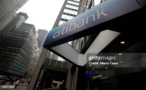 The sign to a Citibank branch is seen in Manhattan January 19, 2010 in New York City. Citigroup Inc. Reported a $7.6 billion fourth-quarter loss...