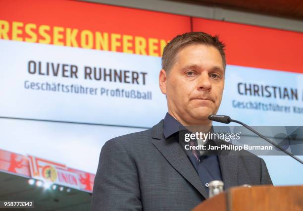 Oliver Ruhnert of 1 FC Union Berlin during the press conference at Stadion an der alten Foersterei on May 15, 2018 in Berlin, Germany.