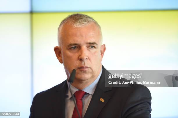 President Dirk Zingler of 1 FC Union Berlin during the press conference at Stadion an der alten Foersterei on May 15, 2018 in Berlin, Germany.