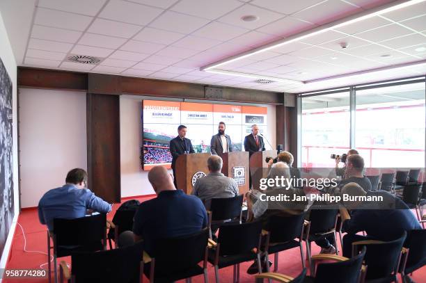 Oliver Ruhnert, spokesman Christian Arbeit and president Dirk Zingler of 1 FC Union Berlin during the press conference at Stadion an der alten...