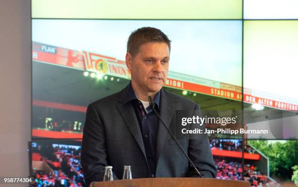 Oliver Ruhnert of 1 FC Union Berlin during the press conference at Stadion an der alten Foersterei on May 15, 2018 in Berlin, Germany.