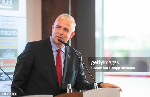 President Dirk Zingler of 1 FC Union Berlin during the press conference at Stadion an der alten Foersterei on May 15, 2018 in Berlin, Germany.